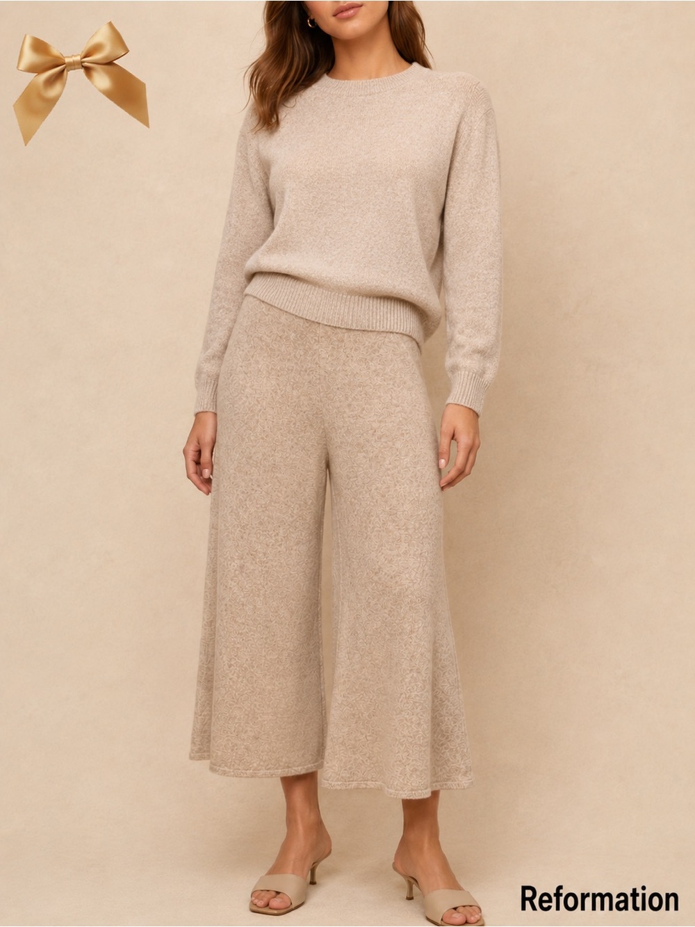 Reformation Cashmere Knit Wide Leg Cropped Pants Beige MP